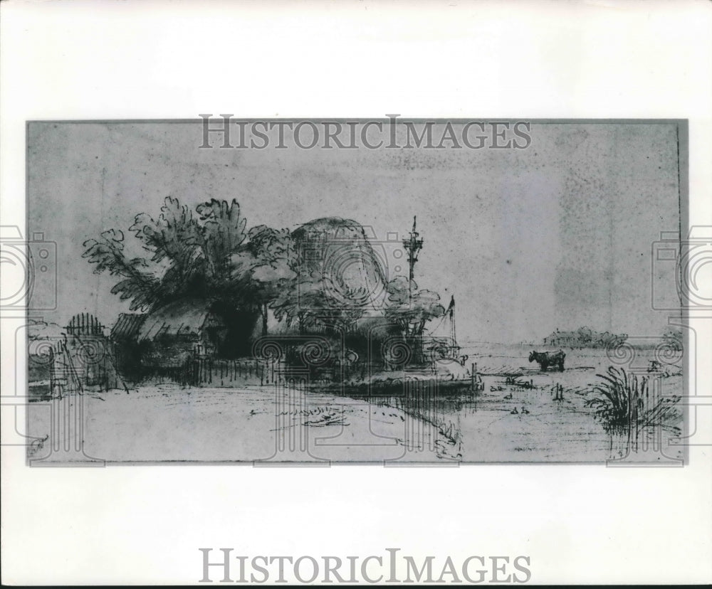 1963 Press Photo &quot;A Farmstead Beside a Stream&quot; by Rembrandt Van Rijn - mjb37593 - Historic Images