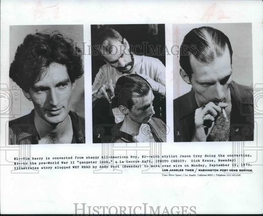 1973 Press Photo Tim Barry's All-American shag converted into the gangster look. - Historic Images