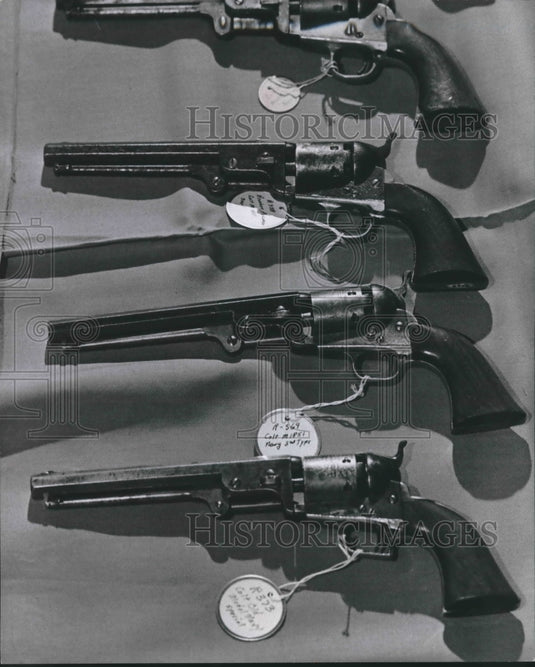 1975 Press Photo Waldo E Rosebush's collection of Colt Navy model revolvers. - Historic Images