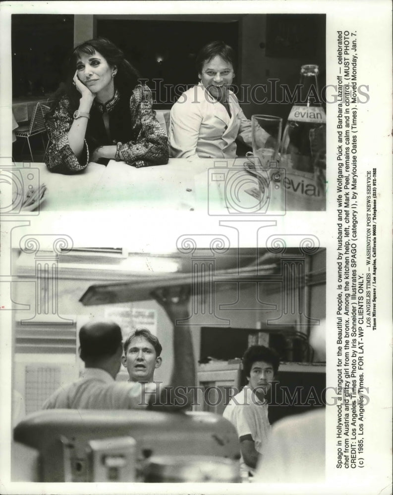 1985 Press Photo Spago&#39;s in Hollywood owners Wolfgang Puck and Barbara Lazaroff - Historic Images