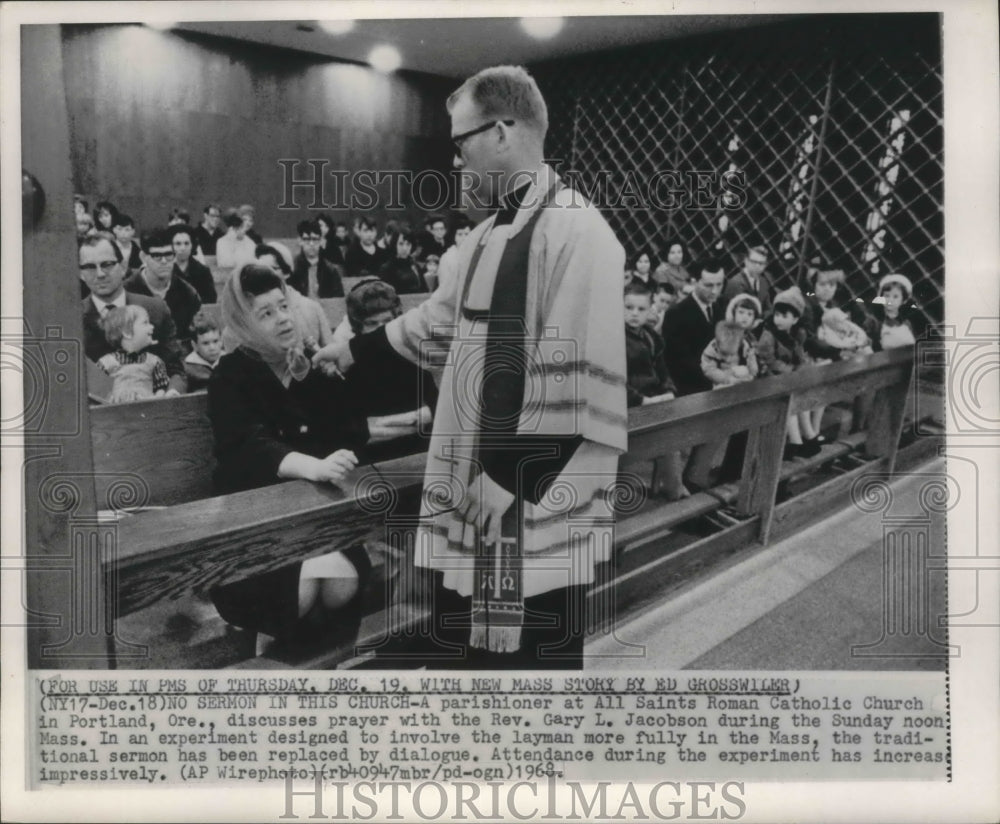 1968 Reverend Gary Jacobson talks to parishioner, Portland, Oregon-Historic Images