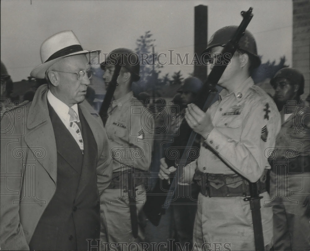 1950 Wisconsin Governor Rennebohm inspects a local sergeant-Historic Images