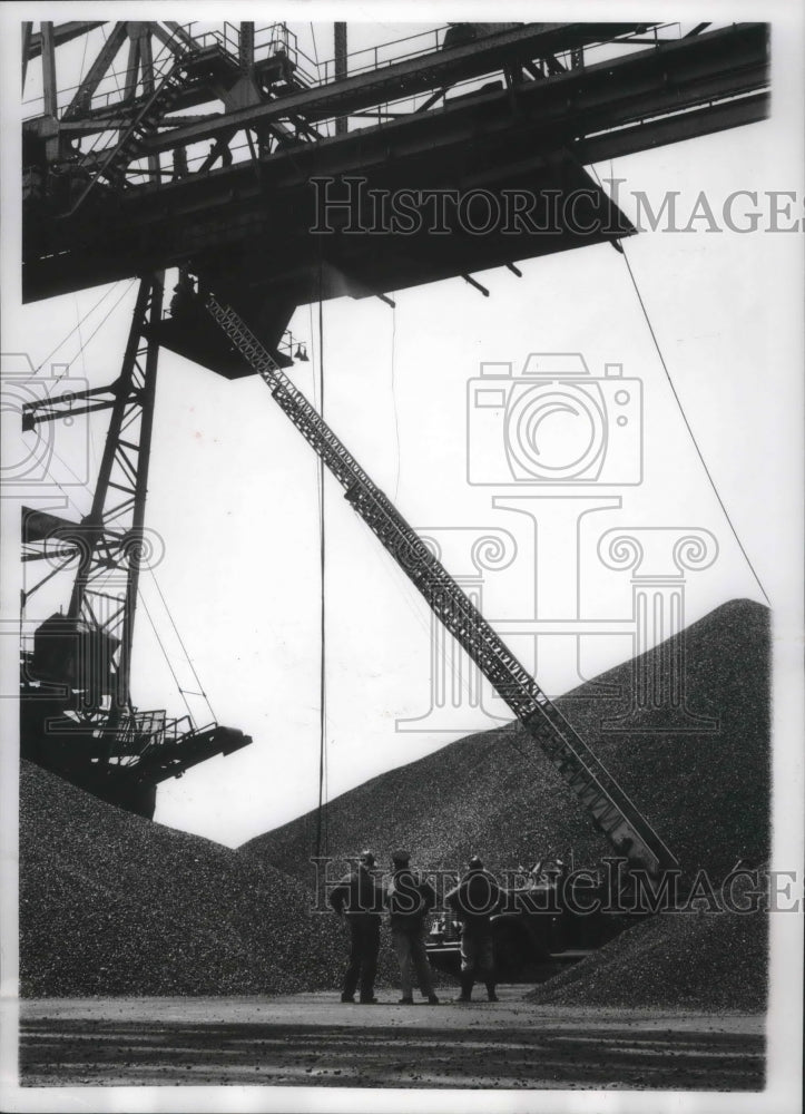 1957 Press Photo Firemen after a blaze was put out on a crane at coal company - Historic Images