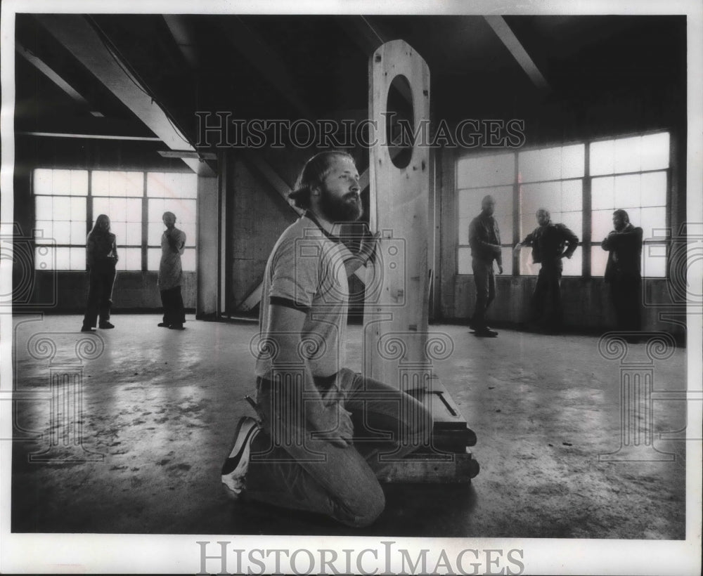 1977 Tom Queoff, sculptor, in his studio in Town of Lake, WI-Historic Images