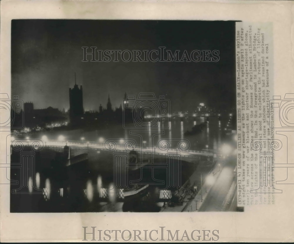 1949 Press Photo Skyline as lights go on again, take on new glamour, London. - Historic Images