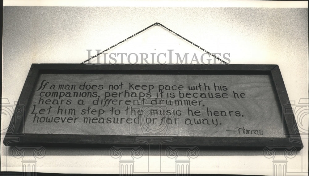 1992 Press Photo Henry Thoreau&#39;s different-drummer quotation hangs in his office - Historic Images