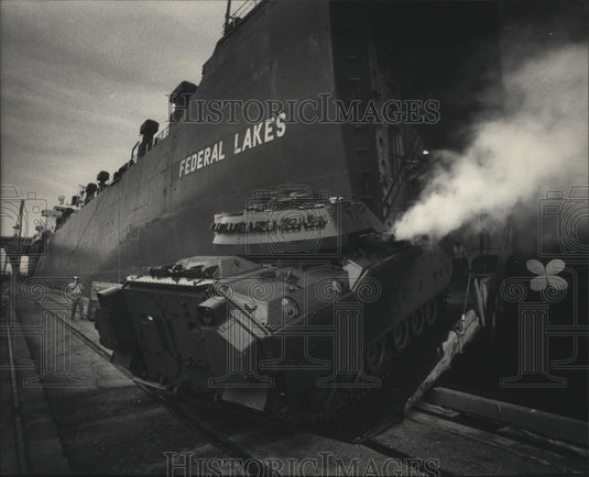 1985 Bradley tank loaded on ship, Port of Milwaukee-Historic Images
