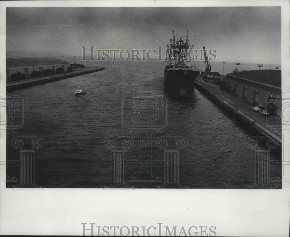 1973 Press Photo A lone ship and boat in the harbor, Milwaukee. - mjb47642 - Historic Images