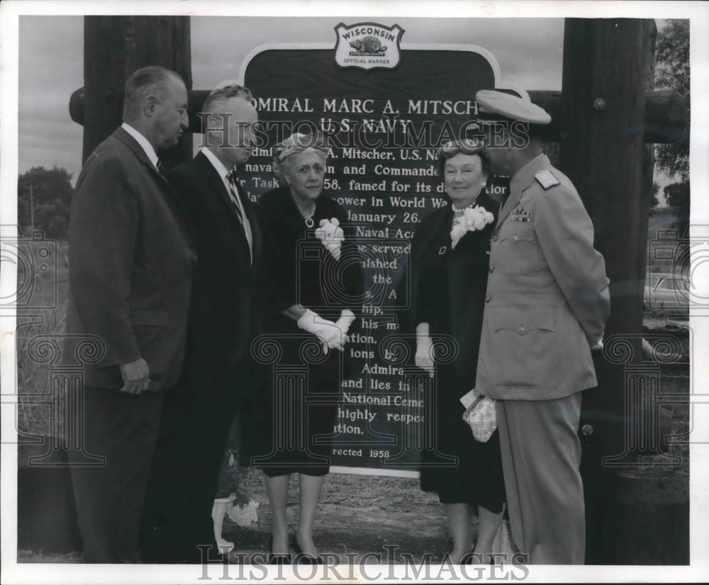 1958 Press Photo Historical marker for Marc A. Mitscher in Hillsboro, Wisconsin. - Historic Images