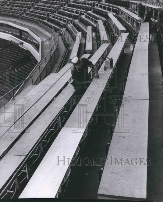 1956 Press Photo Workmen installing telegraph lines in press section, Milwaukee. - Historic Images