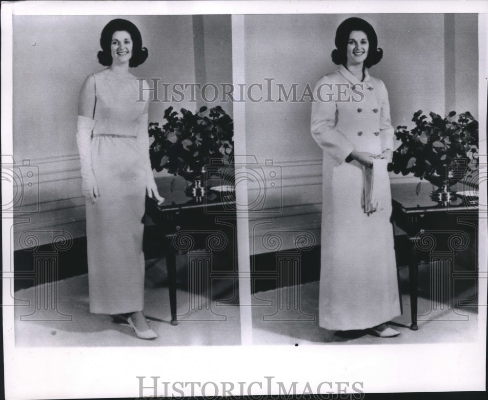 1965 Press Photo Lynda Johnson, wearing white silk gown to Ball, Washington. - Historic Images