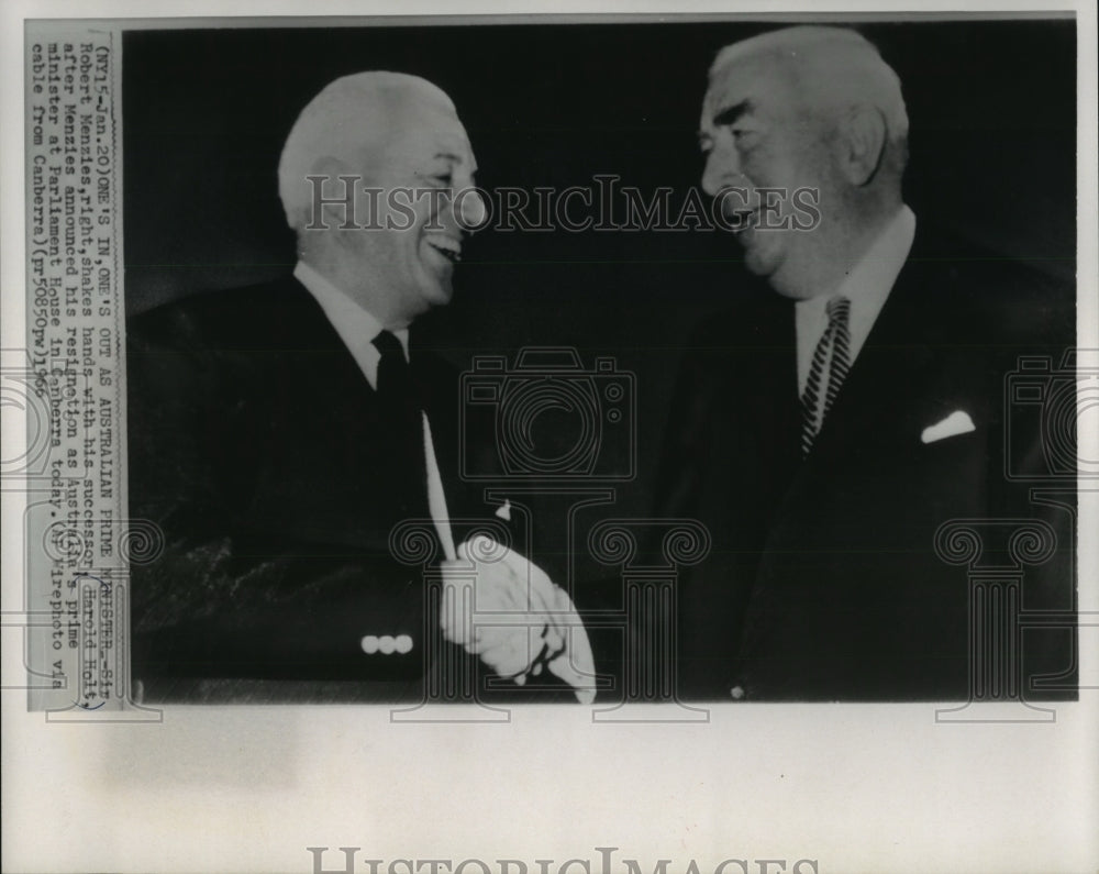 1966 Press Photo Australia&#39;s prime minister greets successor, Harold Holt - Historic Images