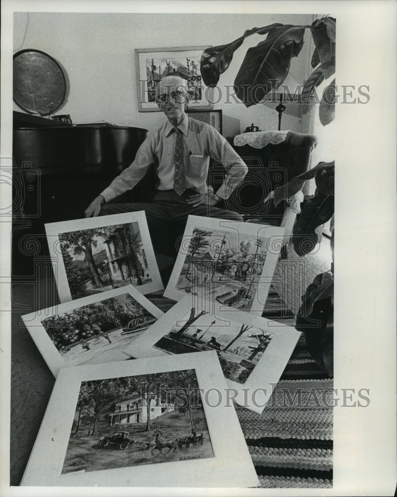 1977 Walter C. Holzbog with some of his art work, in Milwaukee. - Historic Images