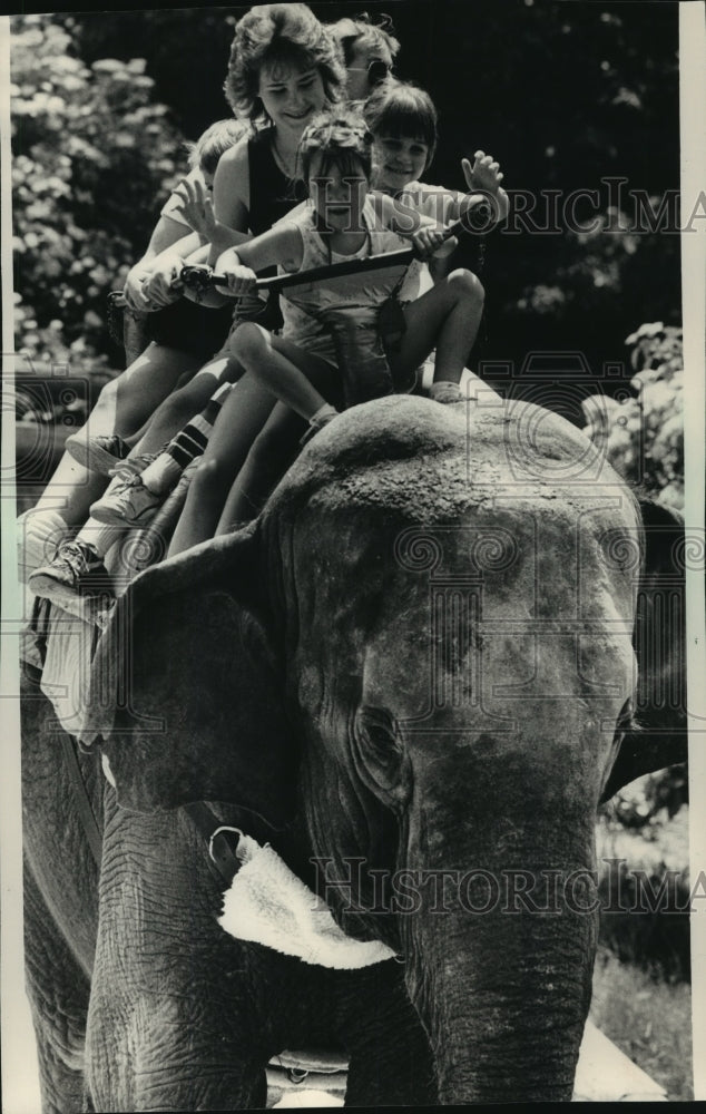 1986 Press Photo Elephant Gives Rides to Patrons at the Milwaukee County Zoo - Historic Images