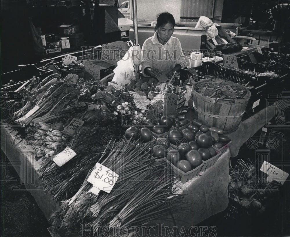 1992 Press Photo Phoua Chang Hmong woman at Brookfield City Hall farmer&#39;s market - Historic Images