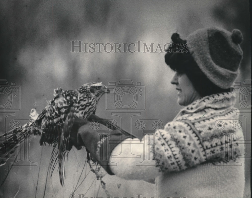 1985 Press Photo Volunteer Linda Krakow ,Whitnall Park, with an injured goshawk - Historic Images