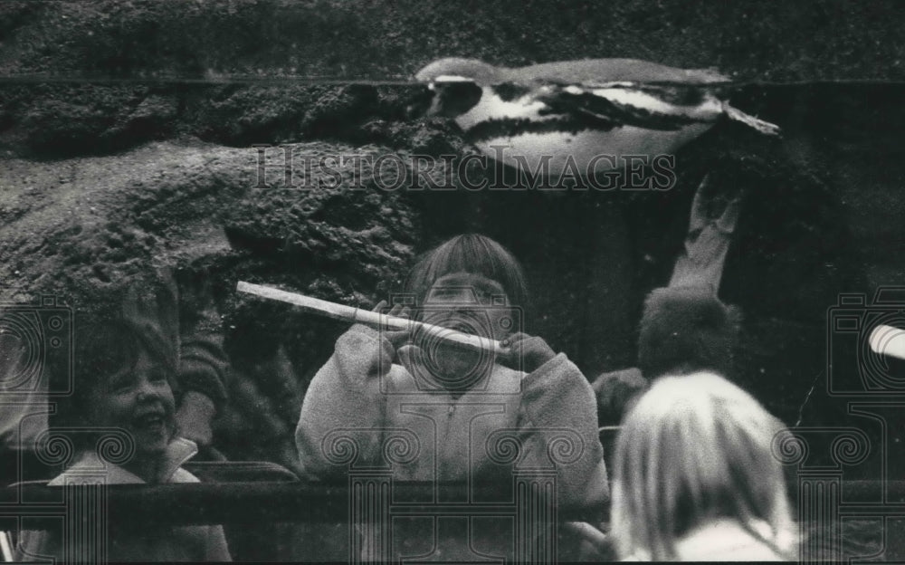 1992 Press Photo Children reflected as penguin swims by at the Milwaukee Zoo. - Historic Images