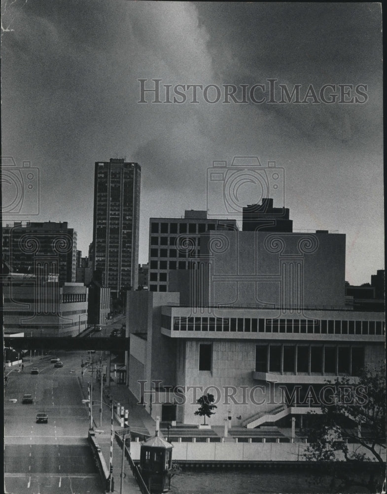 1977 Storm clouds over Milwaukee skyline, view east along State St. - Historic Images