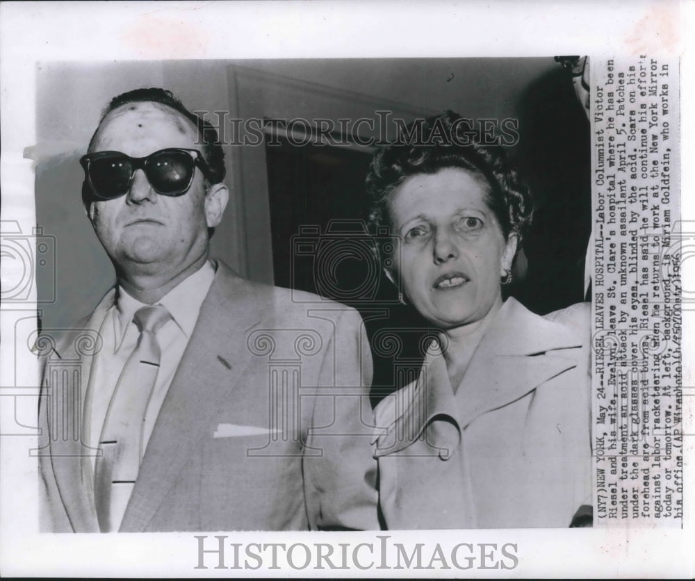 1956 Press Photo Victor Riesel, wife, leaving hospital after treatment, New York - Historic Images