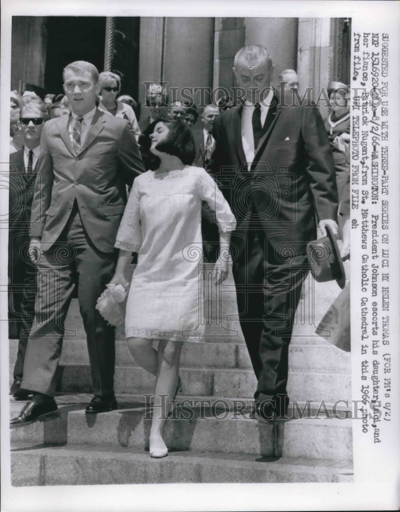 1966 Press Photo President Johnson, Luci Johnson, Patrick Nugent leaving church - Historic Images