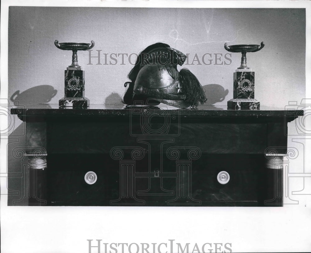 1968 Press Photo Steel and brass helmet displayed at Paine Art Center - Historic Images