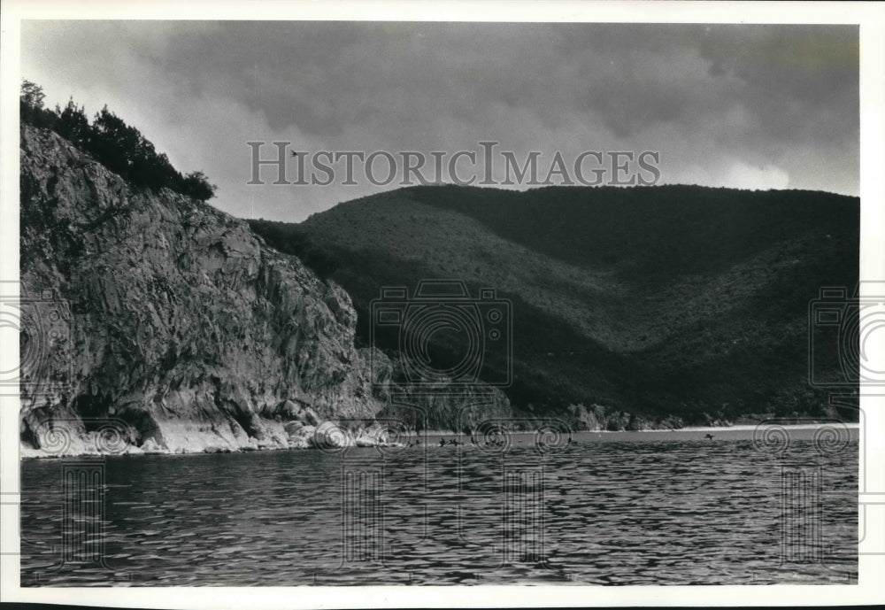 1956 Press Photo Caves along the shore of Prespa Lake, Greece - mjb63825 - Historic Images