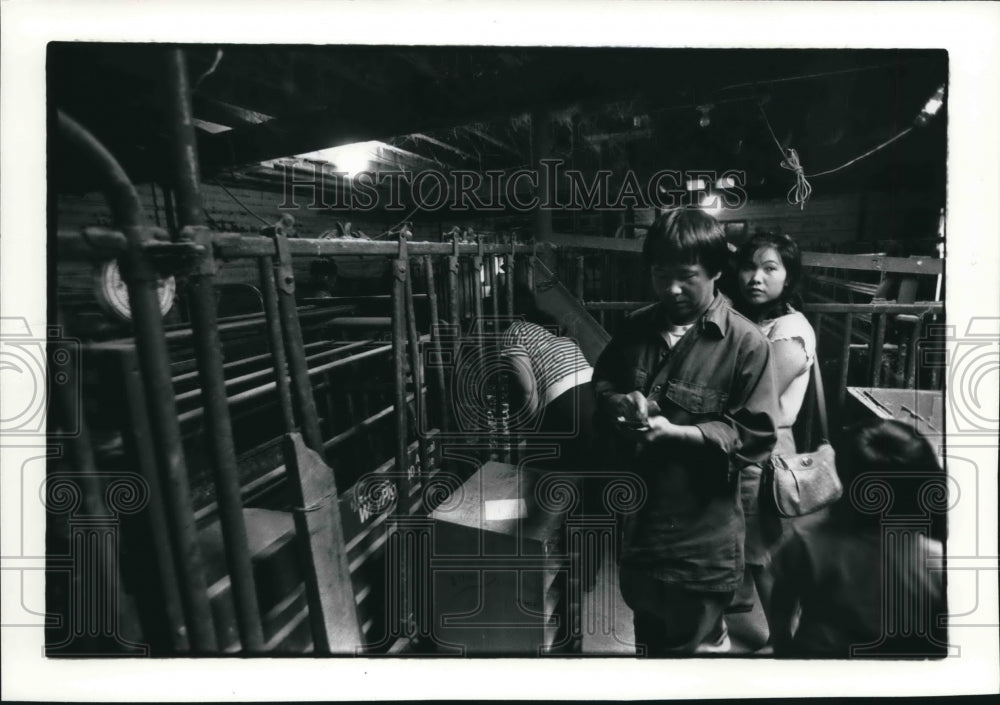 1992 Press Photo Lee Thao takes order while customers look at animals, Wisconsin - Historic Images