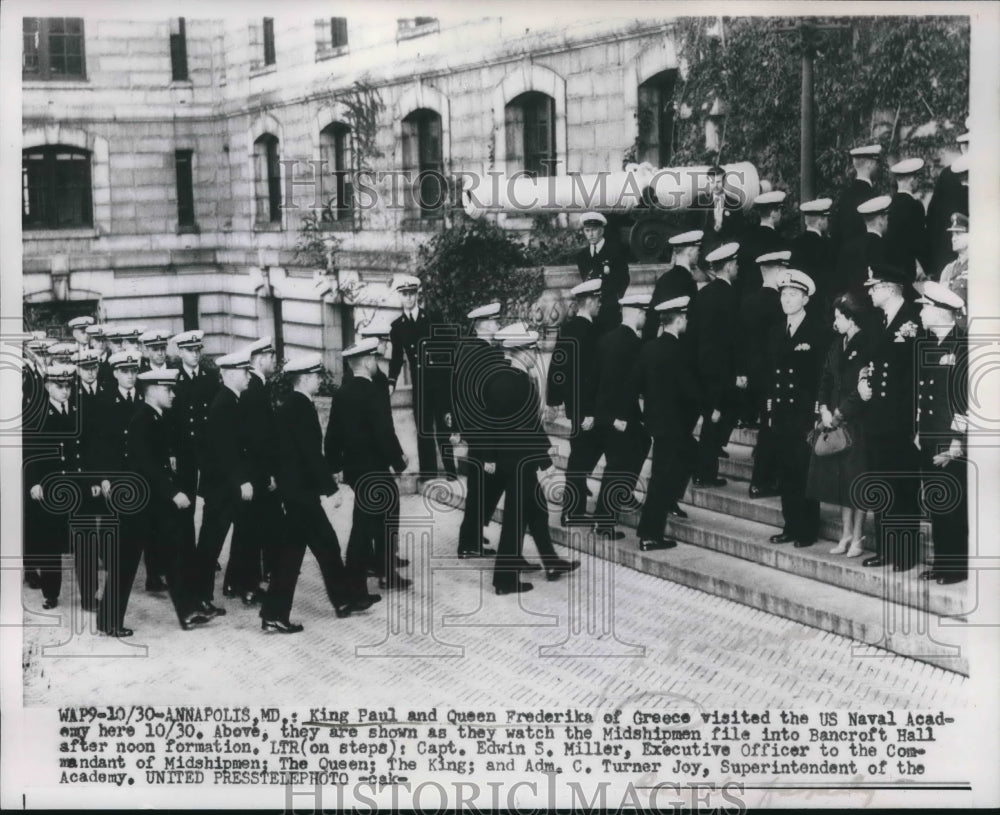 1953 Press Photo King Paul and Queen Frederika of Greece visit US Naval Academy - Historic Images