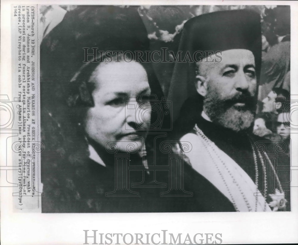 1964 Press Photo Mrs. Lyndon Johnson &amp; Archbishop Makarios, King Paul&#39;s funeral - Historic Images