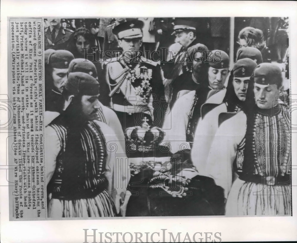 1964 Press Photo King Constantine &amp; Family in King Paul&#39;s Greek Funeral, Athens-Historic Images