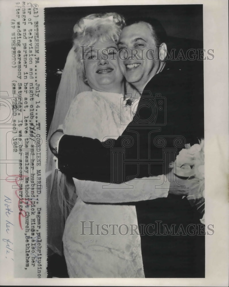 1962 Press Photo Comedian Dagmar marries Dick Hinos in Bethlehem, Pennsylvania - Historic Images