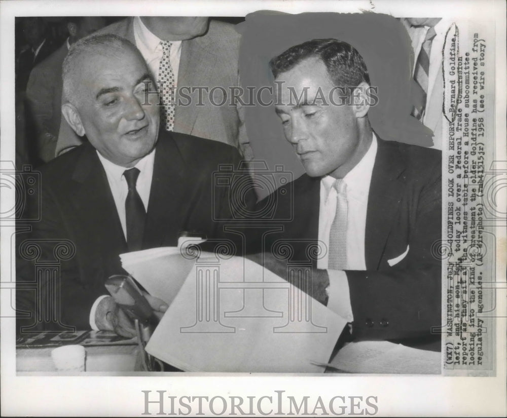 1958 Bernard Goldfine, son Max look over FTC report, Washington DC - Historic Images