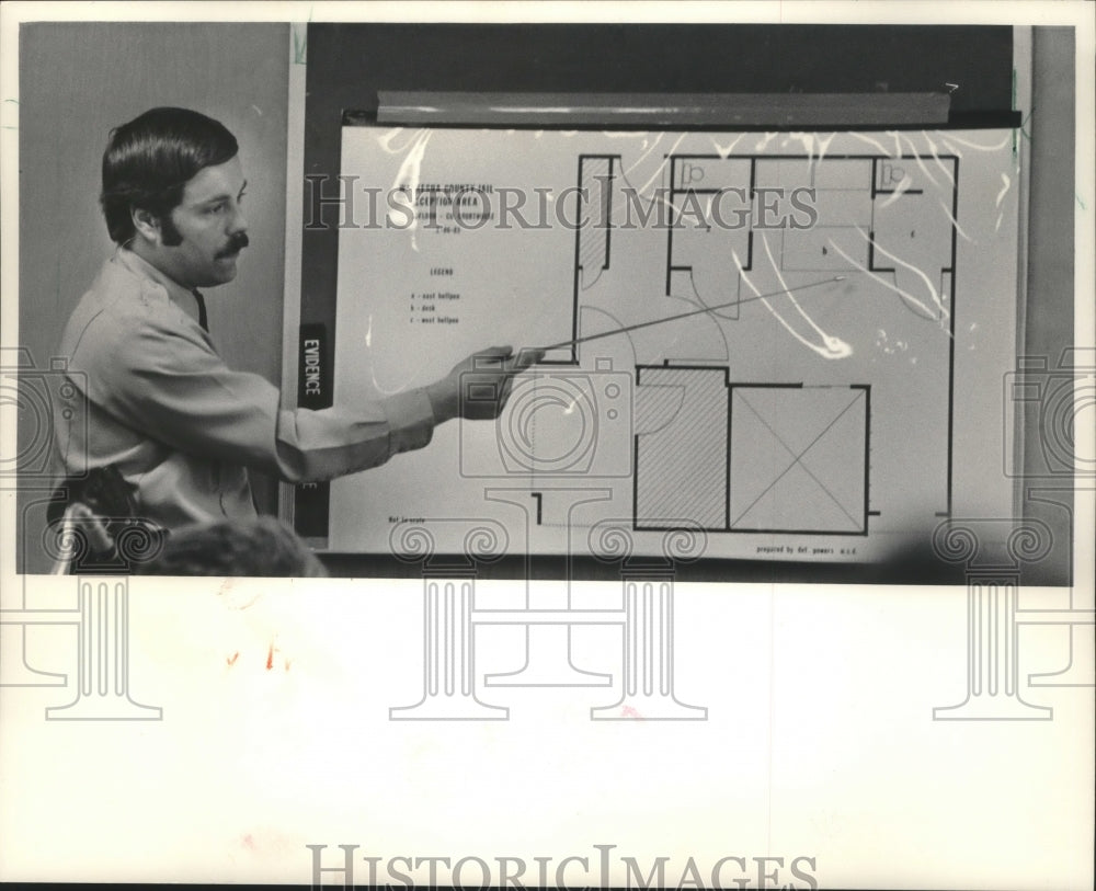 1983 Police Officer Gary Frea displays crime scene in Waukesha - Historic Images