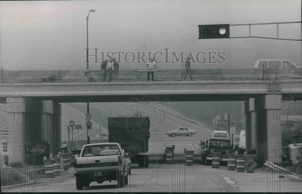 1990 Wisconsin workers as they widen the I-94 bridge over Highway 83 - Historic Images