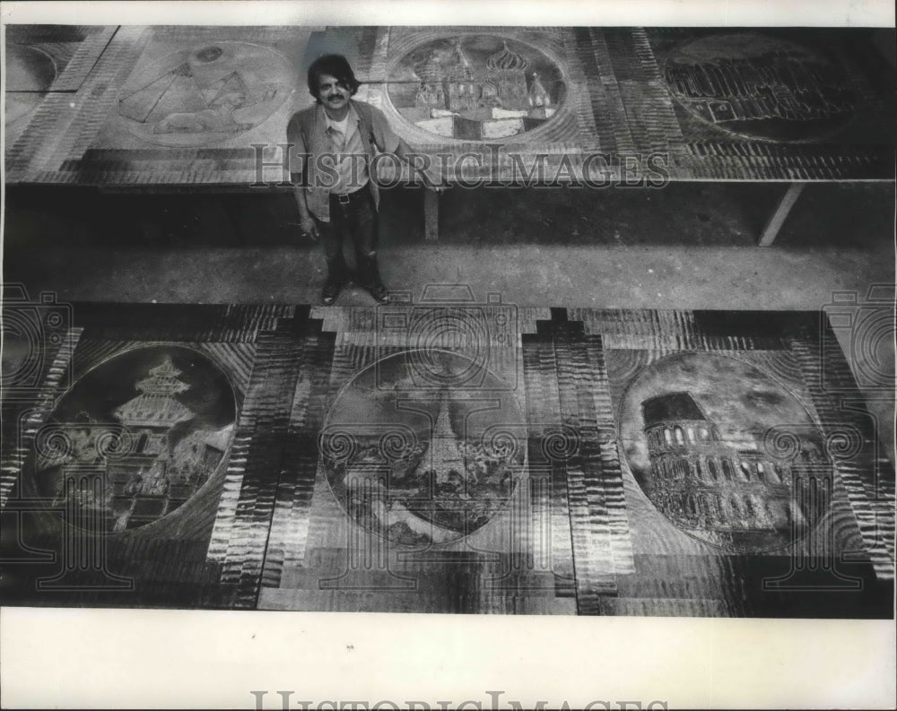 1974 Press Photo Narendra Patel, standing with mural to be dedicated, Milwaukee. - Historic Images