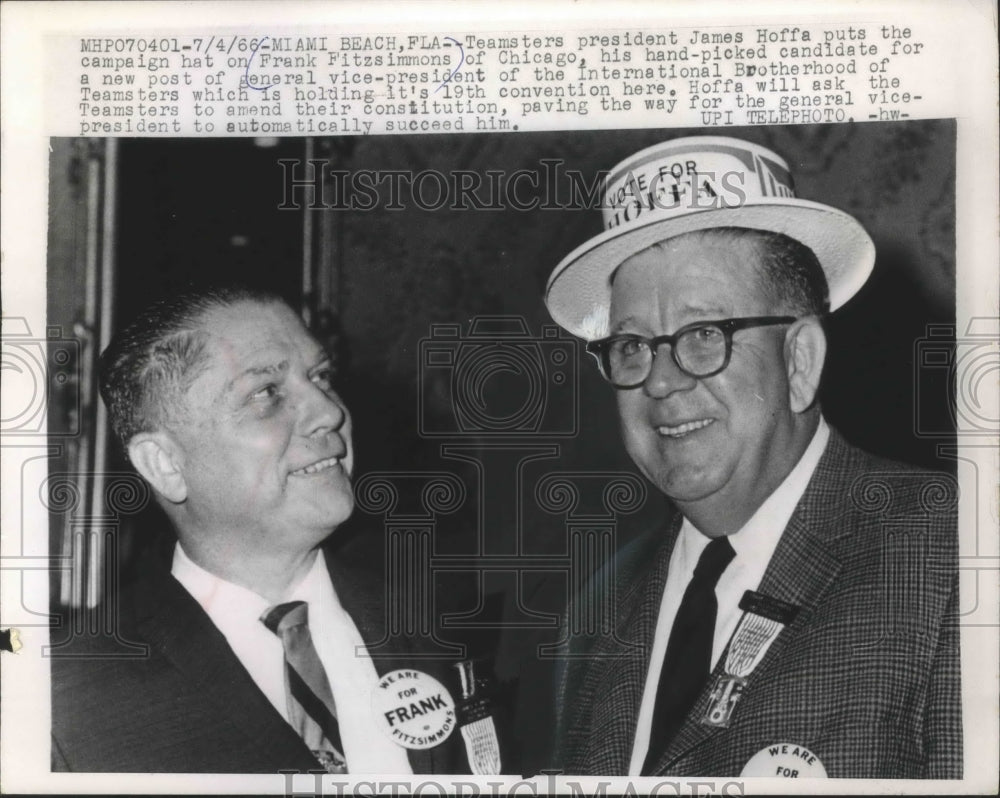 1966 Press Photo Teamsters Union President James Hoffa with Frank Fitzsimmons - Historic Images