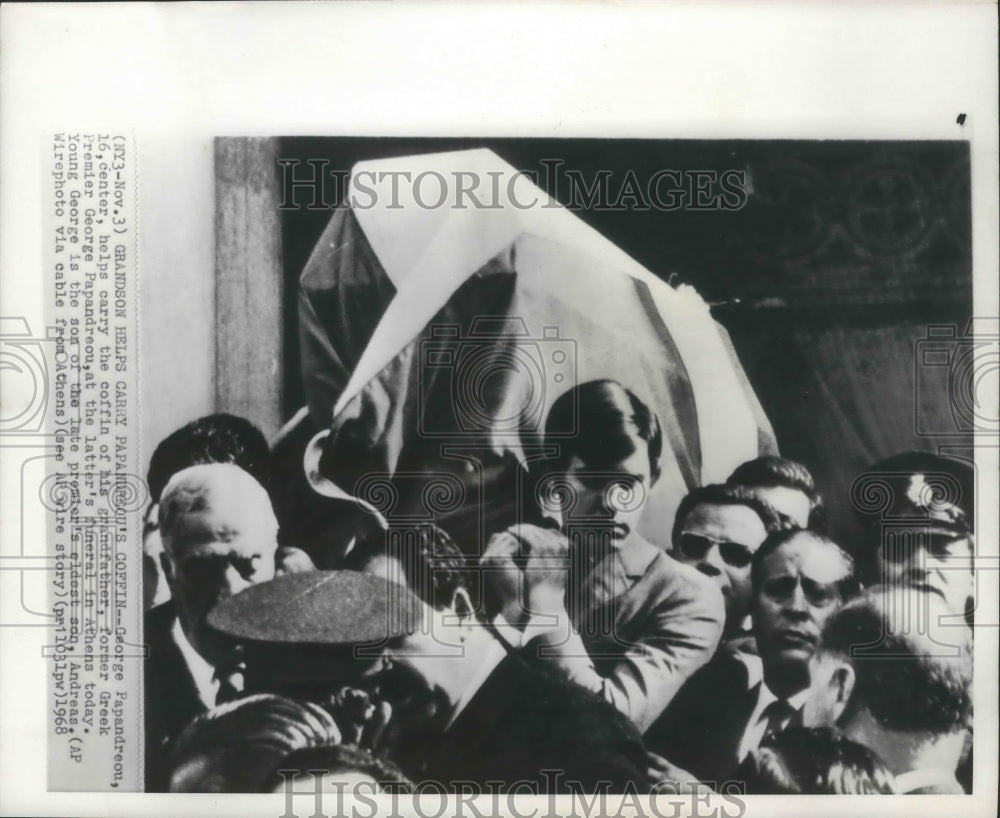 1968 Press Photo Grandson helps carry Papandreou&#39;s coffin, Athens, Greece-Historic Images