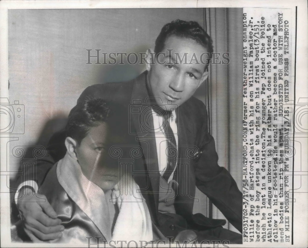 1958 Press Photo Willie Pep with son William Papaleo. Police Athletic League- Historic Images