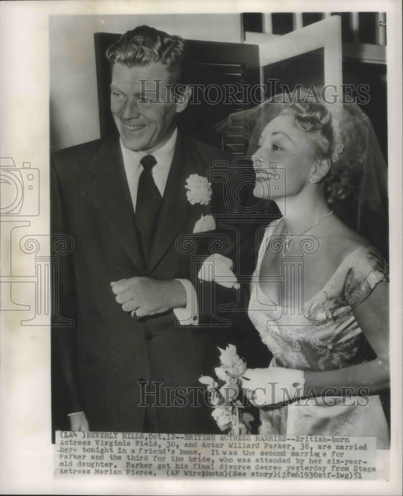 1951 Press Photo Virginia Field, 30 and Willard Parker, 38 marry Beverly Hills-Historic Images