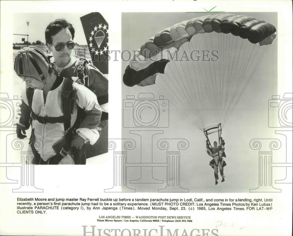 1985 Elizabeth Moore and Ray Ferrell tandem parachute in Lodi, Calif-Historic Images