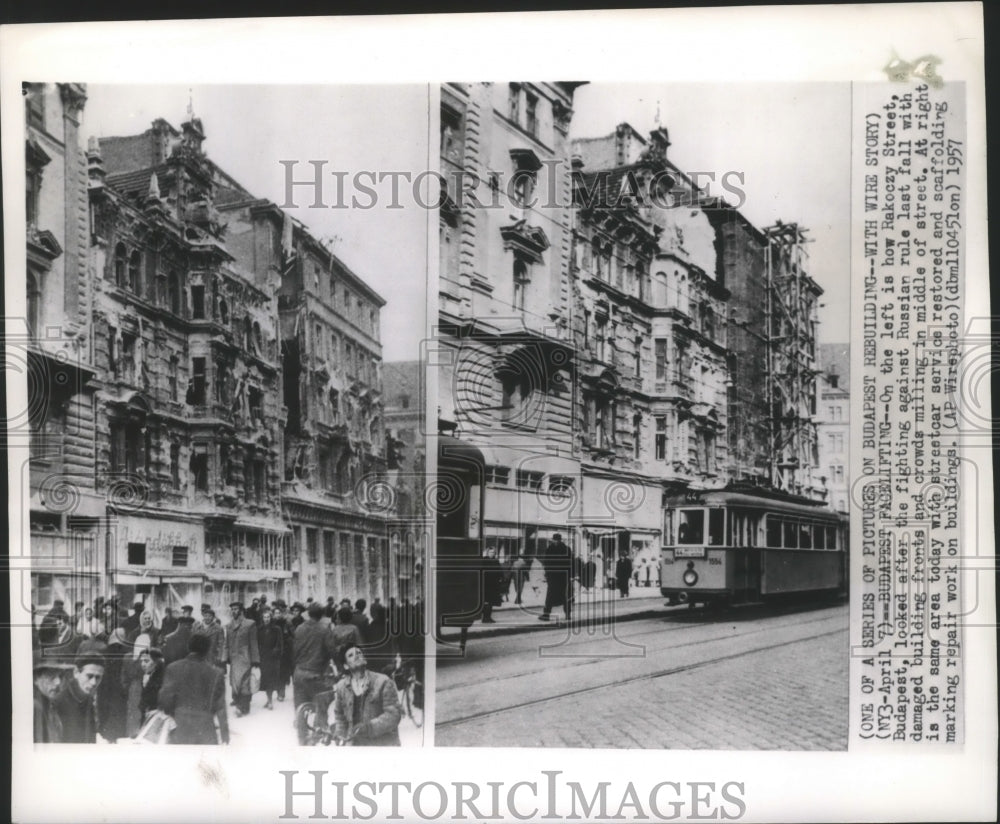 1957 Press Photo Restoration of buildings in Budapest, Hungary after rebellion-Historic Images