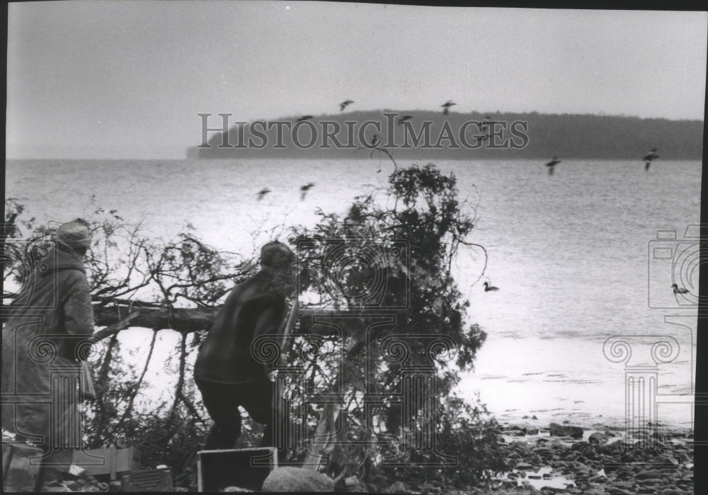 Press Photo Duck hunters at Adventure island in Green Bay watching ducks - Historic Images