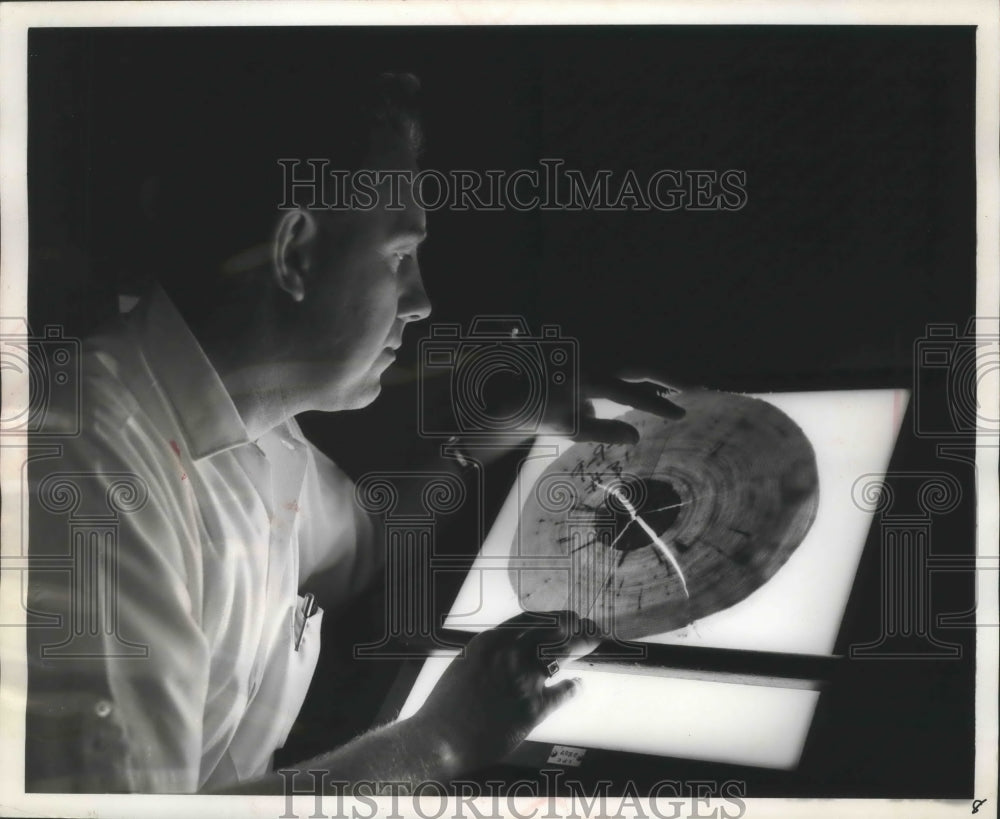 1960 Press Photo Scientist at Institute of Paper Chemistry examining tree disk - Historic Images