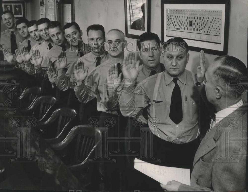 1953 Press Photo 10 Milwaukee firemen promoted to captain by Chief Wischer- Historic Images