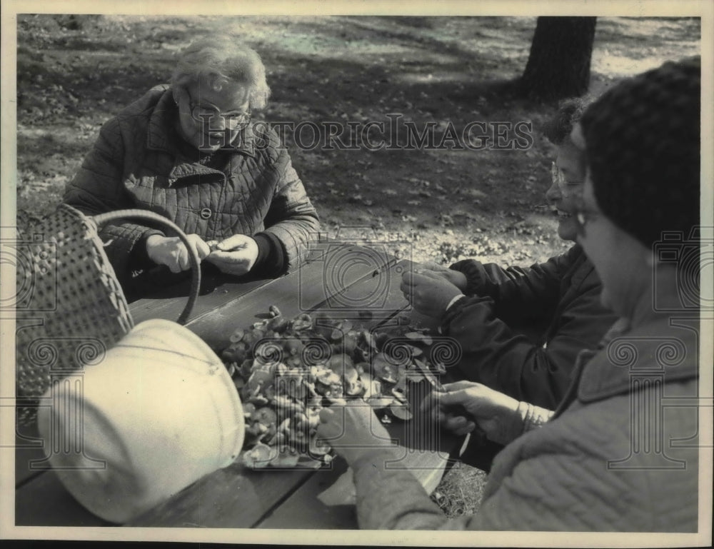1985 Press Photo E. Sowinski, E. Wozniak, E. Wronka clean mushrooms in Wisconsin - Historic Images