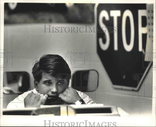 1992 Jeremy Webster leaning on driving simulator , Germantown-Historic Images