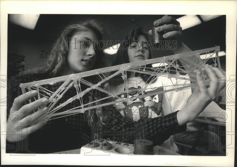 1992 New Berlin students made a spaghetti bridge for competition - Historic Images