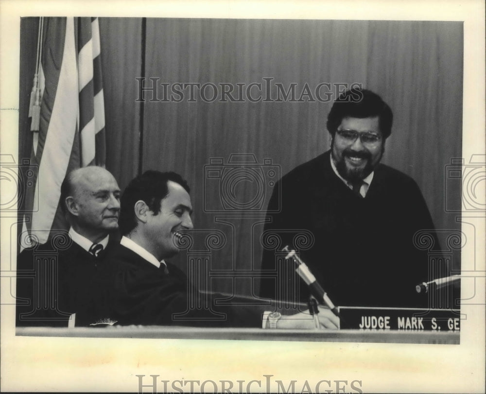 1983 Neal Nettesheim sworn in with attending judges, Waukesha. - Historic Images