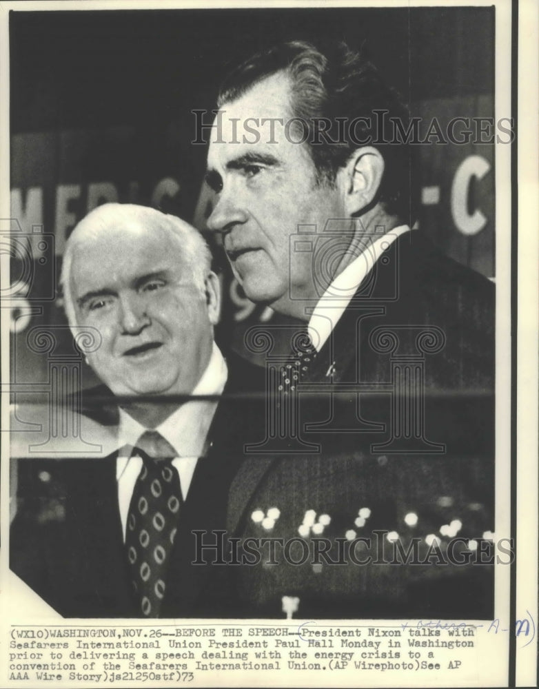 1973 Press Photo President Nixon with Seafarers Union President Paul Hall - Historic Images