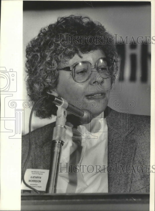 1984 Kathryn Morrison speaking at Forum for Progress - Historic Images